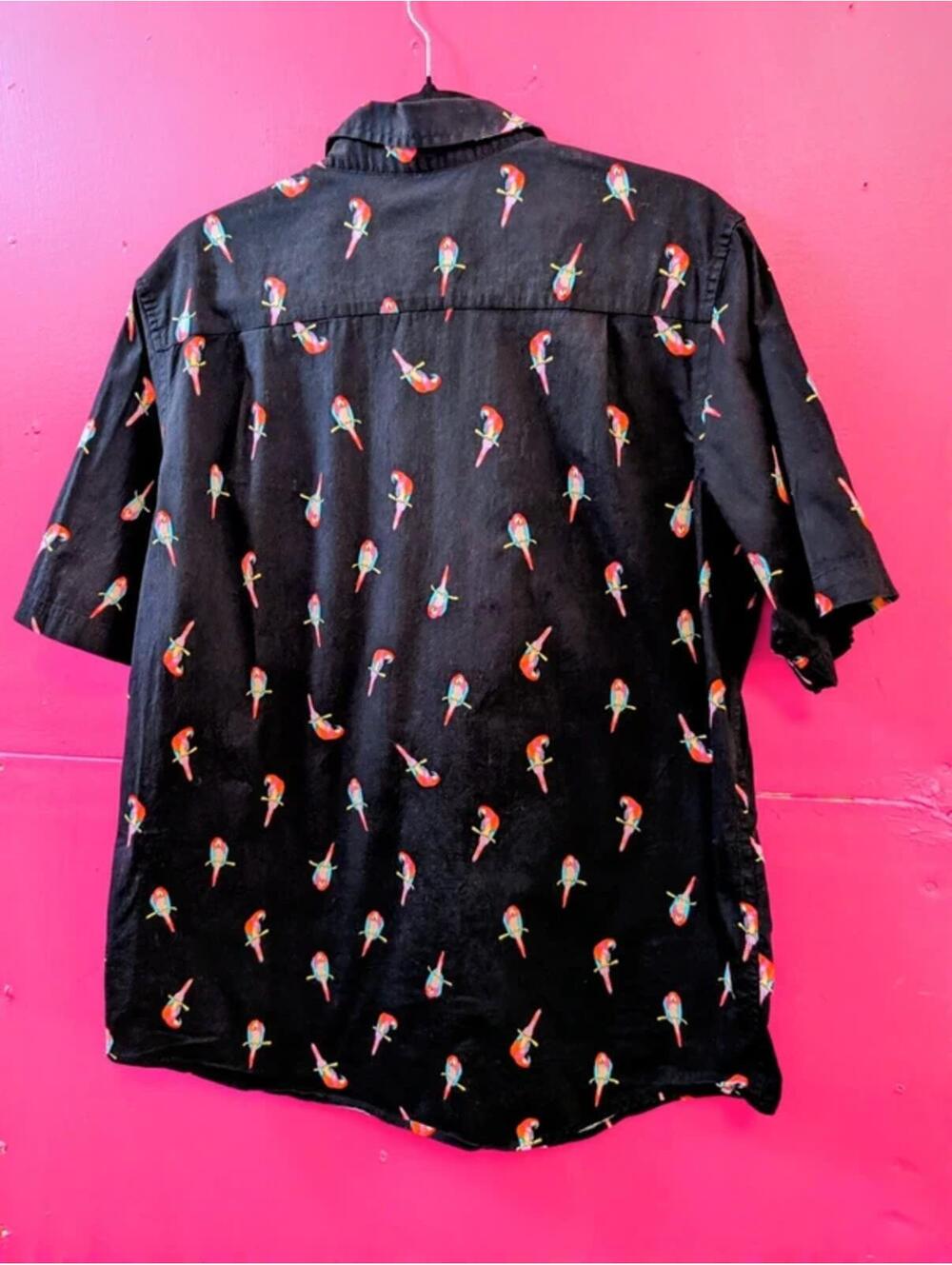 Men's Black Cotton Parrot Print Summer Shirt L - Picture 2 of 4